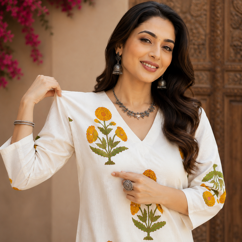 White Cotton Yellow Floral Kurta Set for Women with Matching Pants

