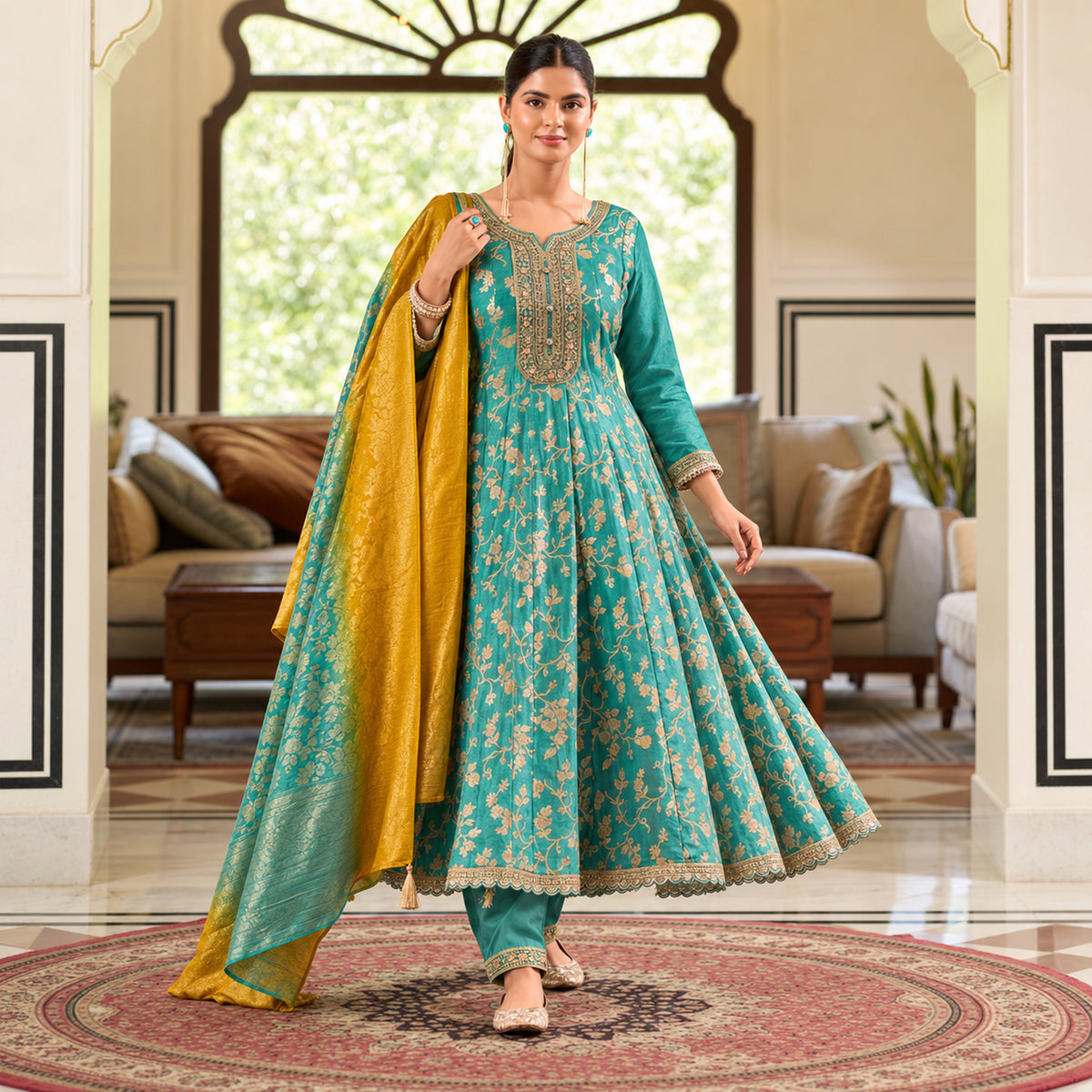 Aqua blue floral Anarkali suit with flared kurta, matching trousers and mustard yellow contrast dupatta for women