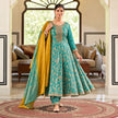 Aqua blue floral Anarkali suit with flared kurta, matching trousers and mustard yellow contrast dupatta for women