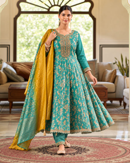 Aqua blue floral Anarkali suit with flared kurta, matching trousers and mustard yellow contrast dupatta for women