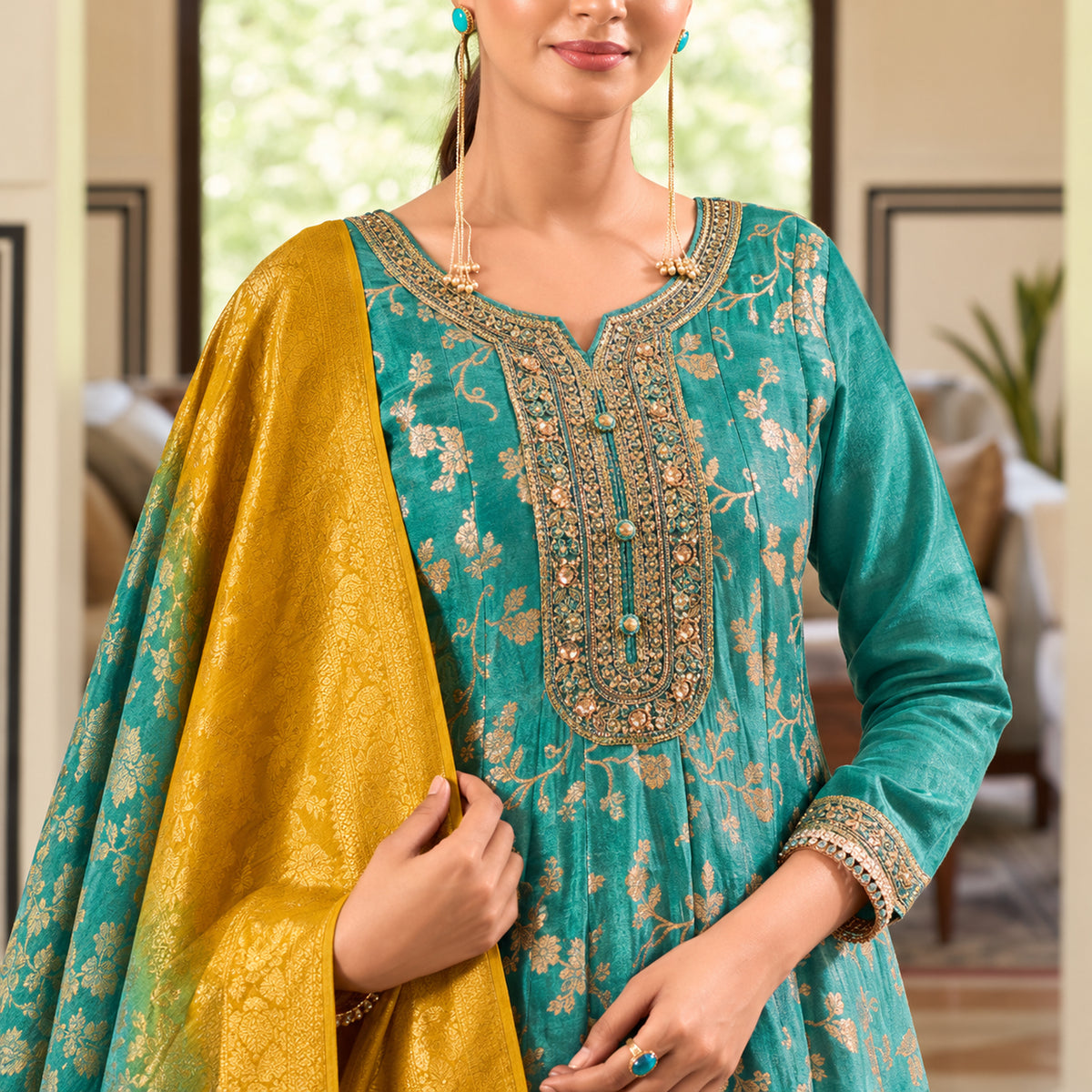Aqua blue floral Anarkali suit with flared kurta, matching trousers and mustard yellow contrast dupatta for women