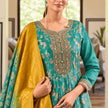 Aqua blue floral Anarkali suit with flared kurta, matching trousers and mustard yellow contrast dupatta for women