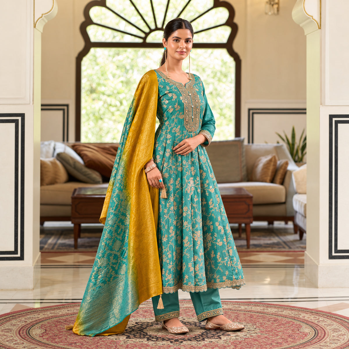 Aqua blue floral Anarkali suit with flared kurta, matching trousers and mustard yellow contrast dupatta for women