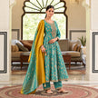 Aqua blue floral Anarkali suit with flared kurta, matching trousers and mustard yellow contrast dupatta for women