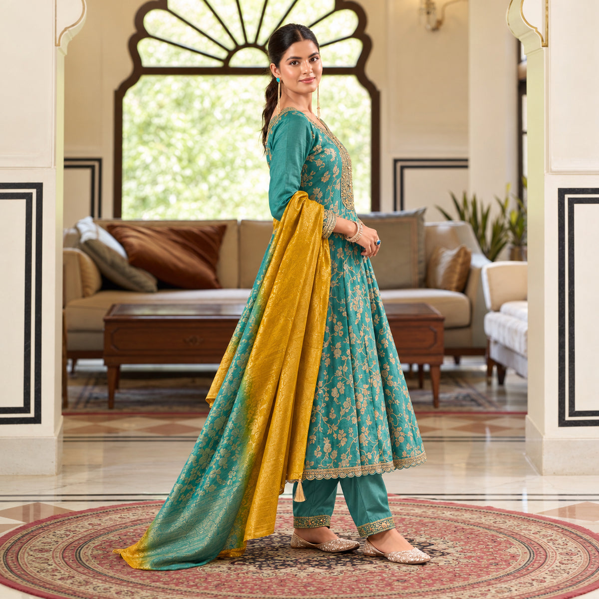 Aqua blue floral Anarkali suit with flared kurta, matching trousers and mustard yellow contrast dupatta for women