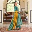 Aqua blue floral Anarkali suit with flared kurta, matching trousers and mustard yellow contrast dupatta for women