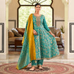 Aqua blue floral Anarkali suit with flared kurta, matching trousers and mustard yellow contrast dupatta for women