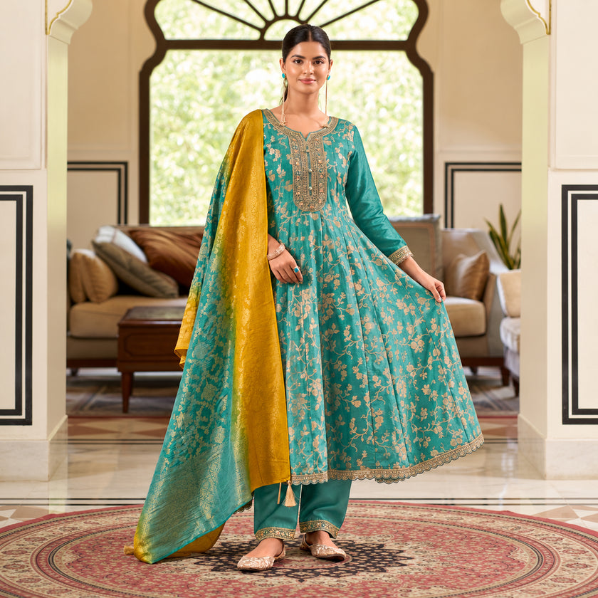 Aqua blue floral Anarkali suit with flared kurta, matching trousers and mustard yellow contrast dupatta for women