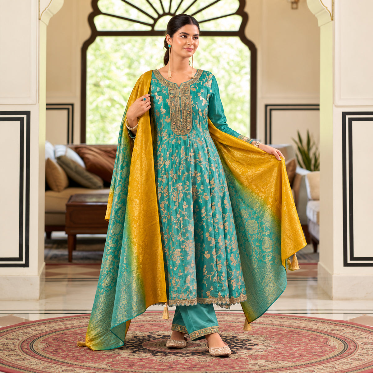 Aqua blue floral Anarkali suit with flared kurta, matching trousers and mustard yellow contrast dupatta for women