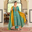 Aqua blue floral Anarkali suit with flared kurta, matching trousers and mustard yellow contrast dupatta for women