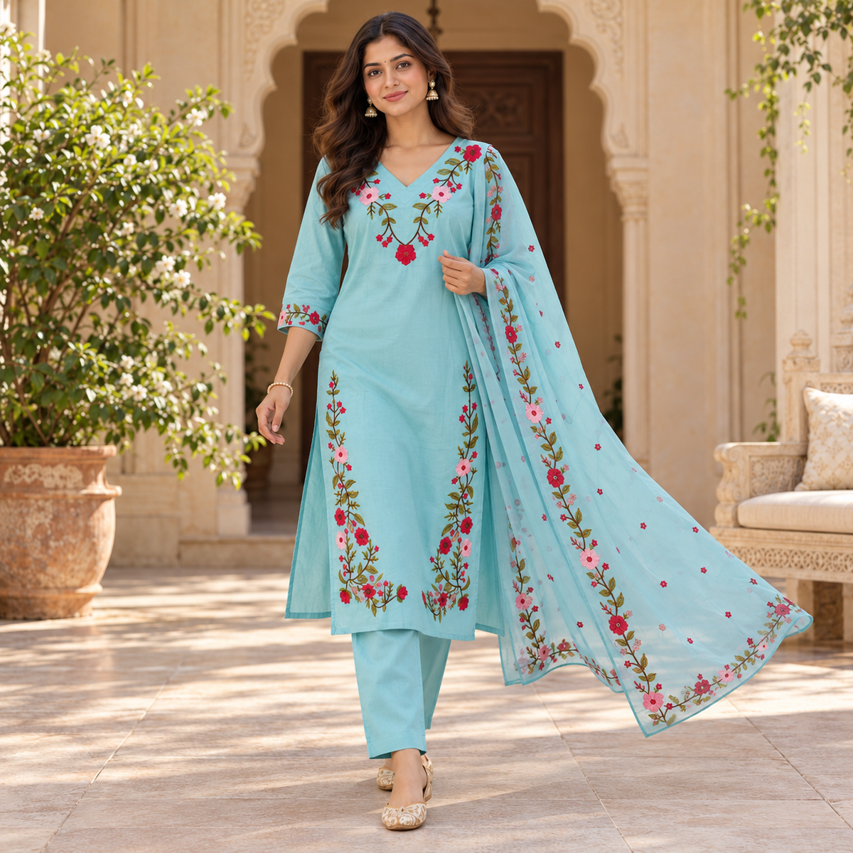 Aqua blue floral embroidered cotton dupatta suit for women featuring a long straight kurta and coordinated three-piece ethnic set