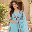 Aqua blue floral embroidered cotton dupatta suit for women featuring a long straight kurta and coordinated three-piece ethnic set
