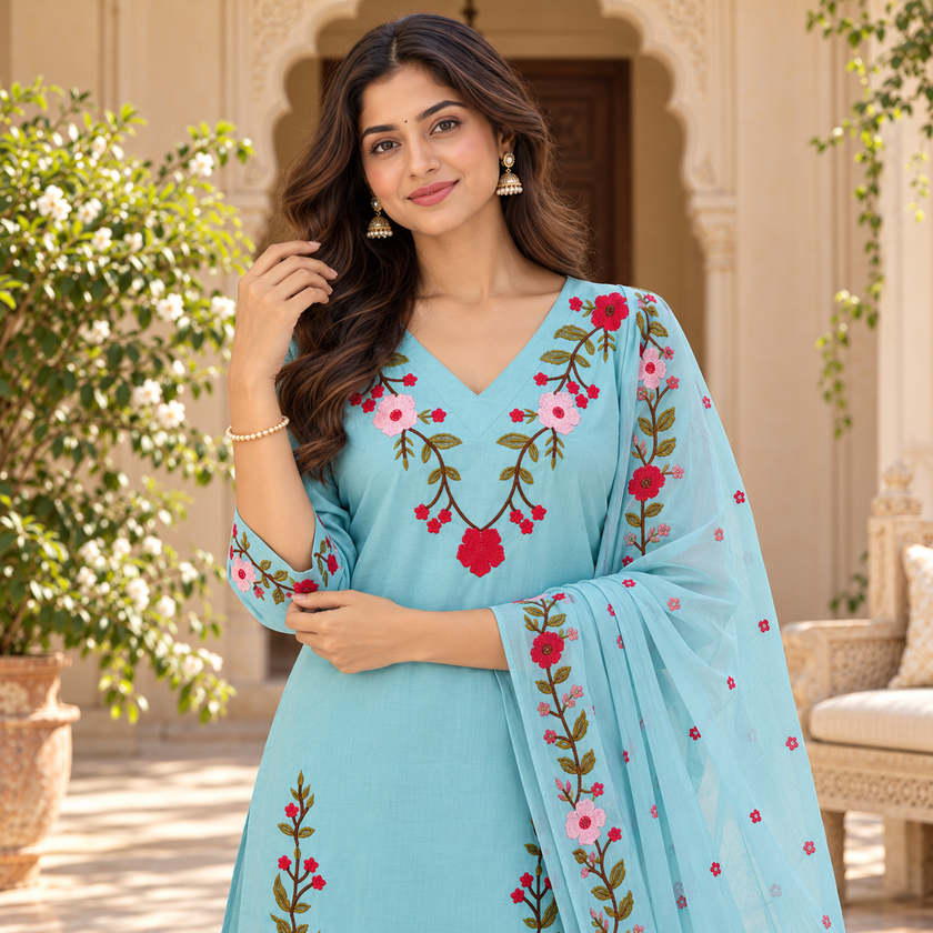 Aqua blue floral embroidered cotton dupatta suit for women featuring a long straight kurta and coordinated three-piece ethnic set
