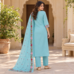 Aqua blue floral embroidered cotton dupatta suit for women featuring a long straight kurta and coordinated three-piece ethnic set