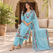 Aqua blue floral embroidered cotton dupatta suit for women featuring a long straight kurta and coordinated three-piece ethnic set