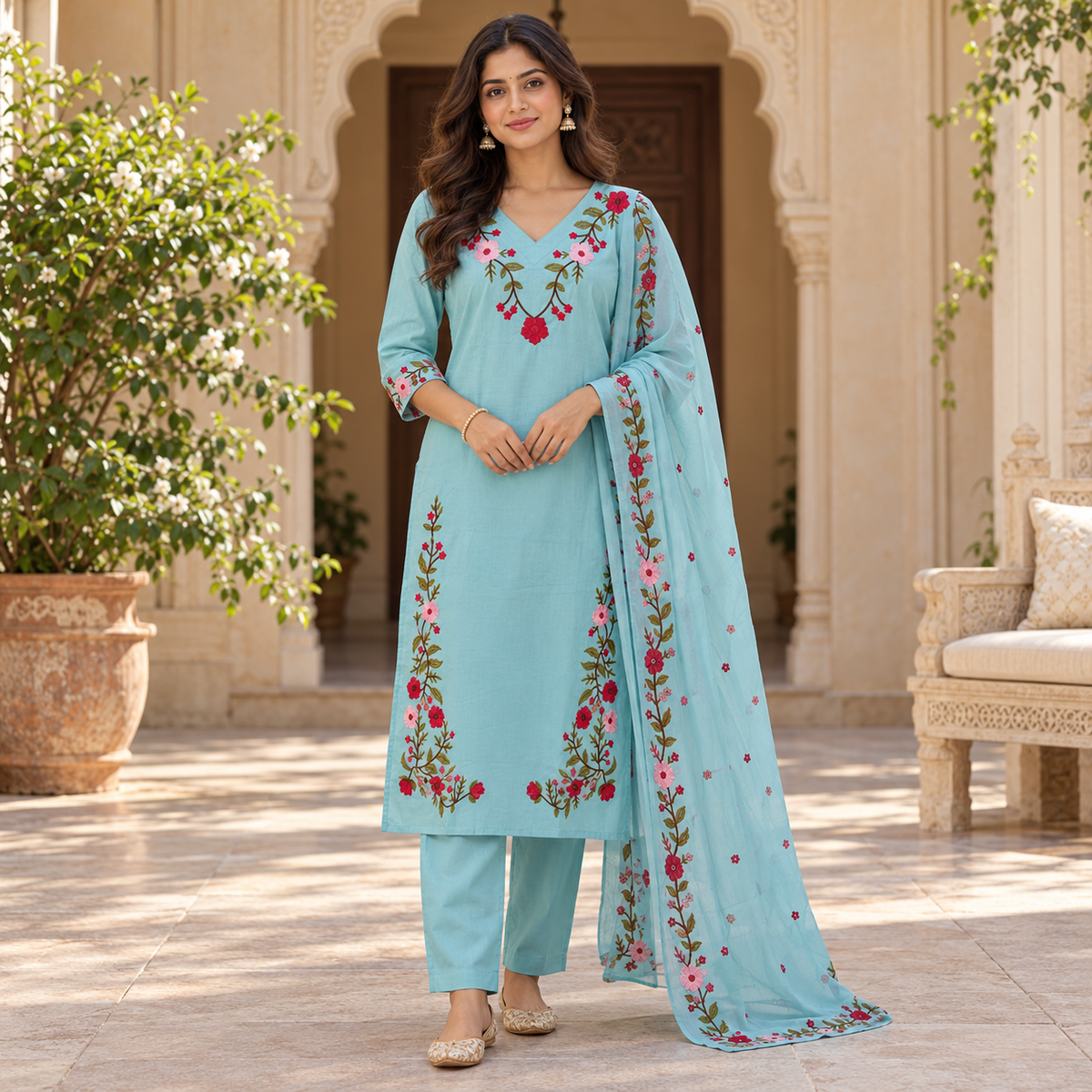 Aqua blue floral embroidered cotton dupatta suit for women featuring a long straight kurta and coordinated three-piece ethnic set