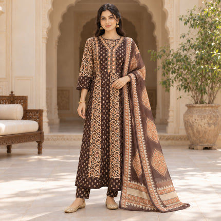 Chocolate brown cotton mirror work dupatta suit for women featuring a printed kurti and coordinated three-piece ethnic set