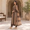 Chocolate brown cotton mirror work dupatta suit for women featuring a printed kurti and coordinated three-piece ethnic set