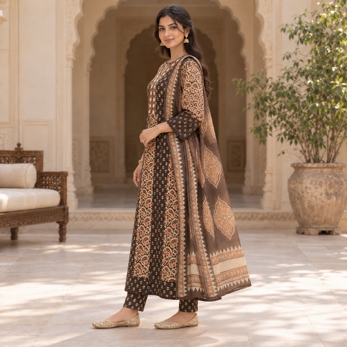 Chocolate brown cotton mirror work dupatta suit for women featuring a printed kurti and coordinated three-piece ethnic set