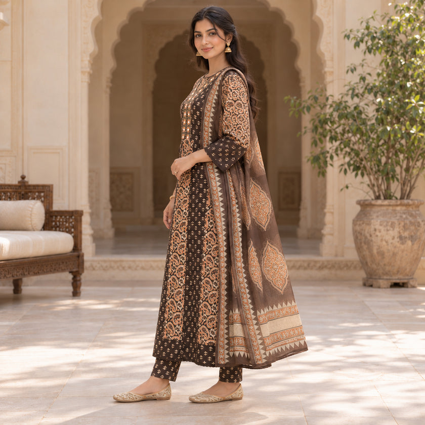 Chocolate brown cotton mirror work dupatta suit for women featuring a printed kurti and coordinated three-piece ethnic set