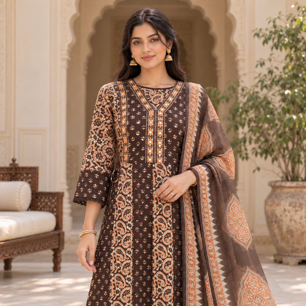 Chocolate brown cotton mirror work dupatta suit for women featuring a printed kurti and coordinated three-piece ethnic set