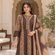 Chocolate brown cotton mirror work dupatta suit for women featuring a printed kurti and coordinated three-piece ethnic set