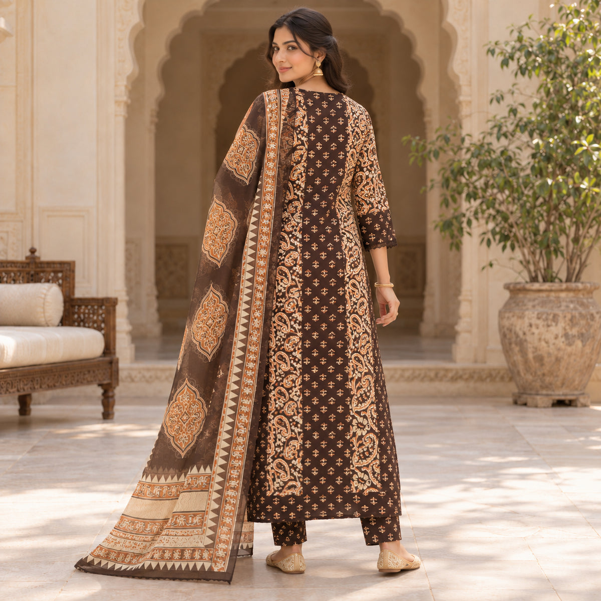 Chocolate brown cotton mirror work dupatta suit for women featuring a printed kurti and coordinated three-piece ethnic set