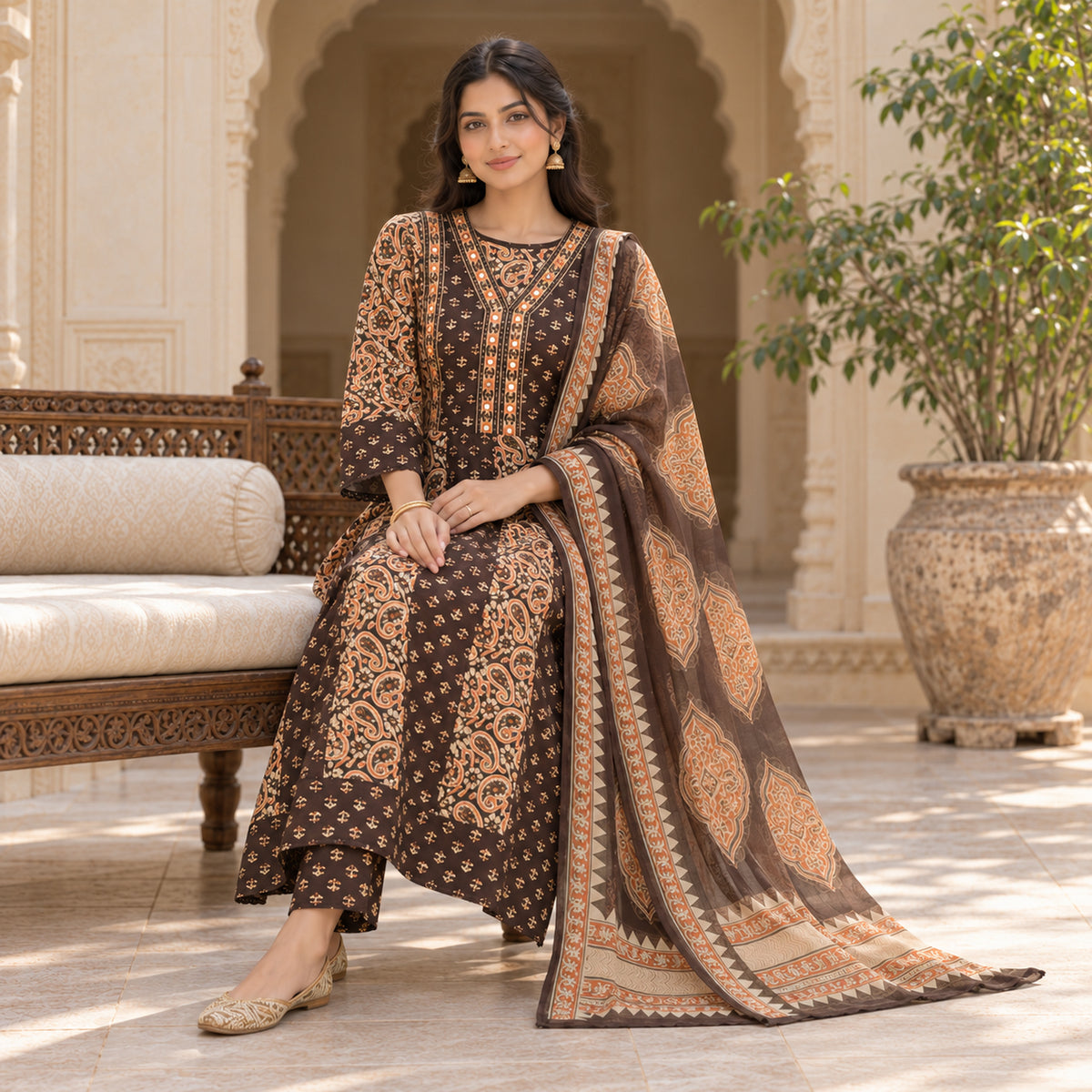 Chocolate brown cotton mirror work dupatta suit for women featuring a printed kurti and coordinated three-piece ethnic set
