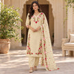 Cream beige floral embroidered cotton dupatta suit for women featuring a long straight kurta and coordinated three-piece ethnic set