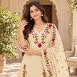 Cream beige floral embroidered cotton dupatta suit for women featuring a long straight kurta and coordinated three-piece ethnic set