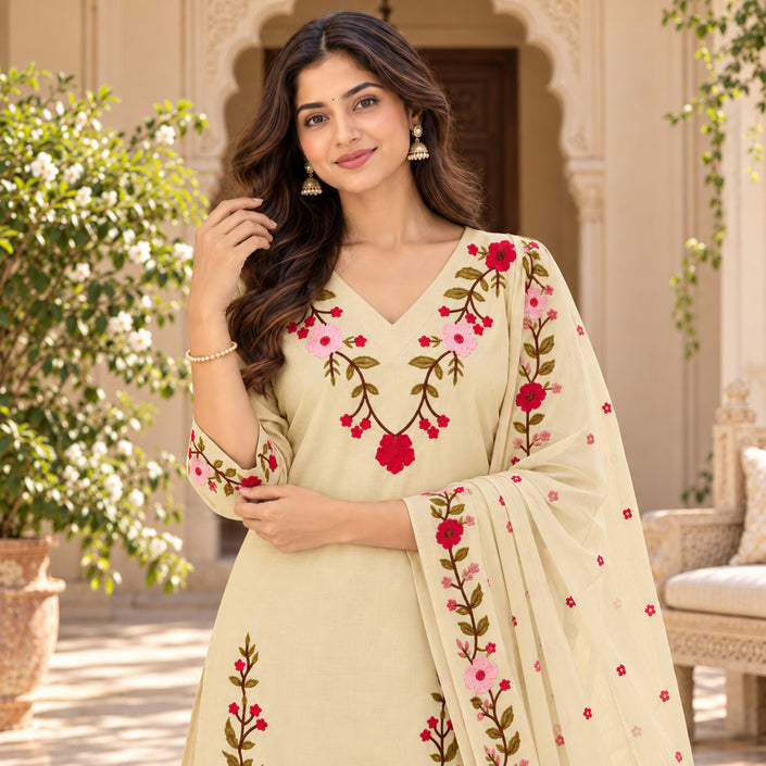 Cream beige floral embroidered cotton dupatta suit for women featuring a long straight kurta and coordinated three-piece ethnic set