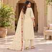 Cream beige floral embroidered cotton dupatta suit for women featuring a long straight kurta and coordinated three-piece ethnic set