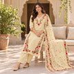 Cream beige floral embroidered cotton dupatta suit for women featuring a long straight kurta and coordinated three-piece ethnic set