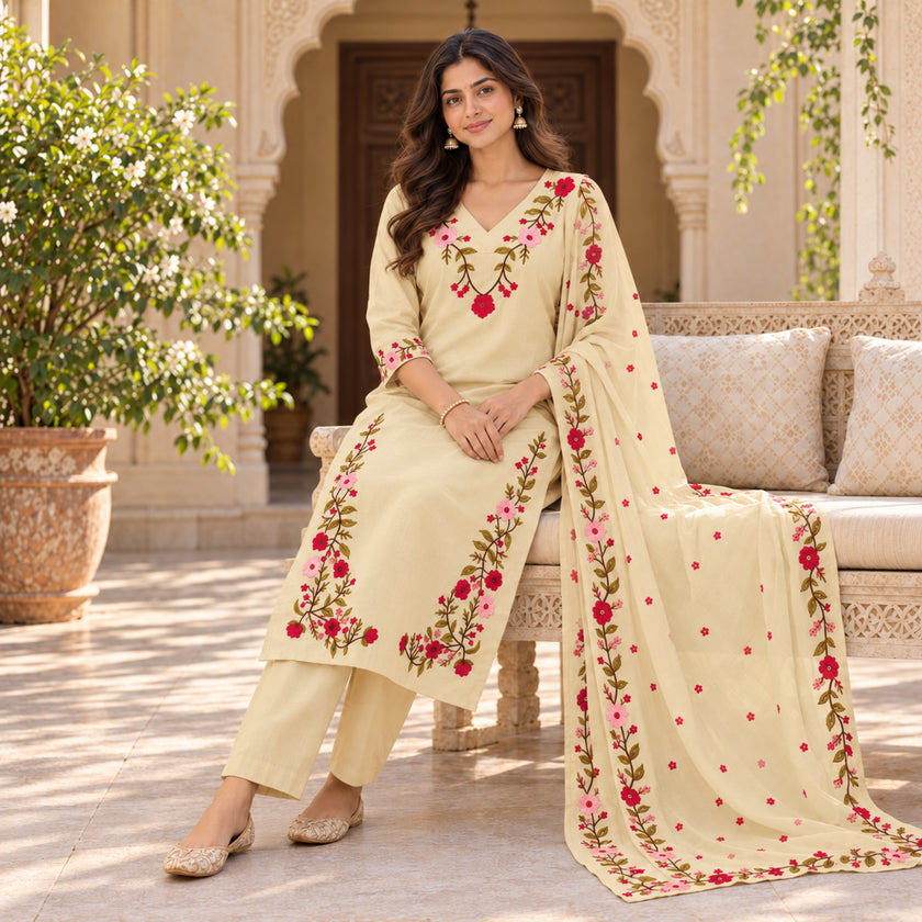 Cream beige floral embroidered cotton dupatta suit for women featuring a long straight kurta and coordinated three-piece ethnic set