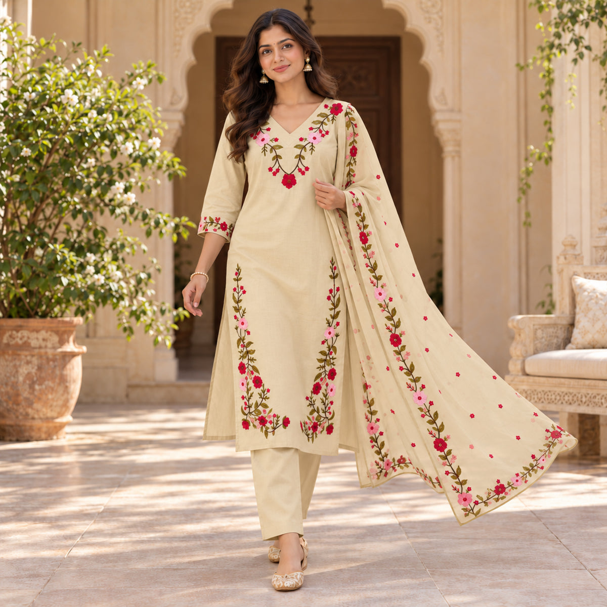 Cream beige floral embroidered cotton dupatta suit for women featuring a long straight kurta and coordinated three-piece ethnic set