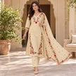 Cream beige floral embroidered cotton dupatta suit for women featuring a long straight kurta and coordinated three-piece ethnic set