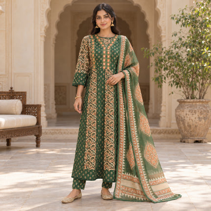 Forest green cotton mirror work dupatta suit for women with paisley and floral printed kurti