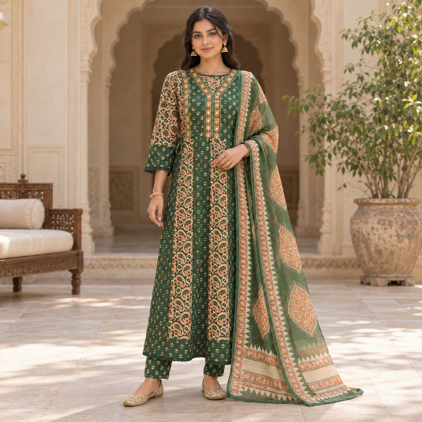 Forest green cotton mirror work dupatta suit for women with paisley and floral printed kurti
