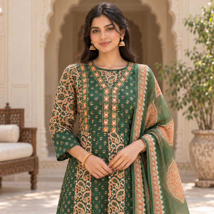 Forest green cotton mirror work dupatta suit for women with paisley and floral printed kurti