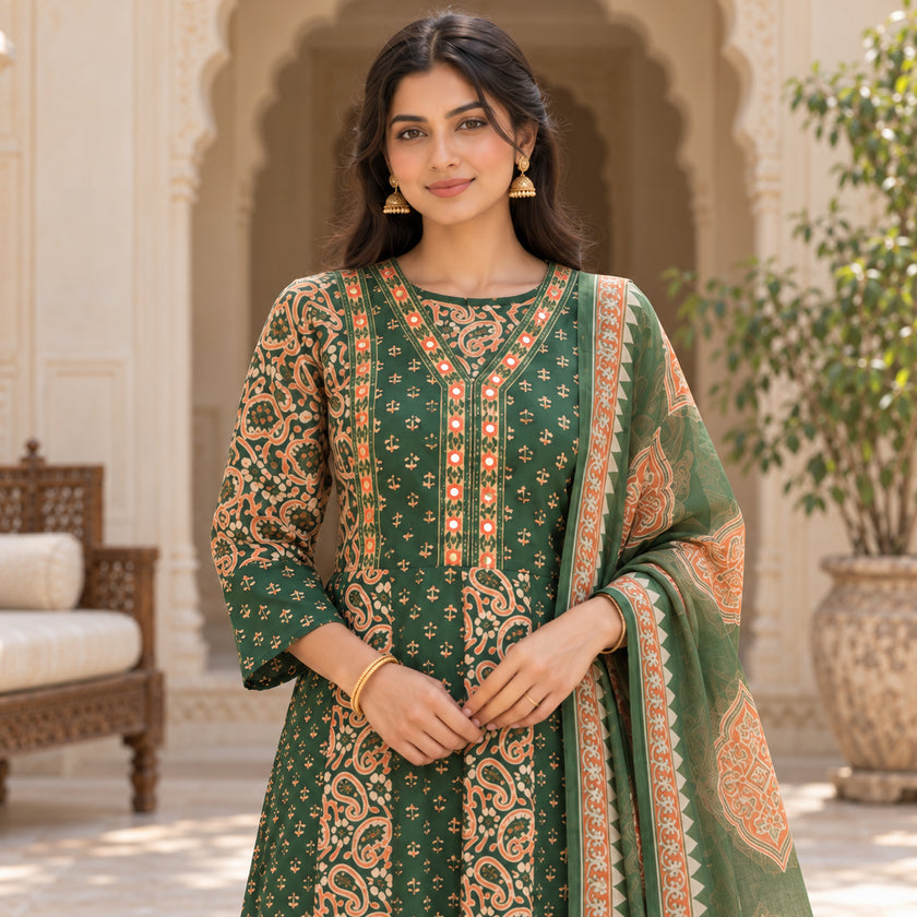 Forest green cotton mirror work dupatta suit for women with paisley and floral printed kurti