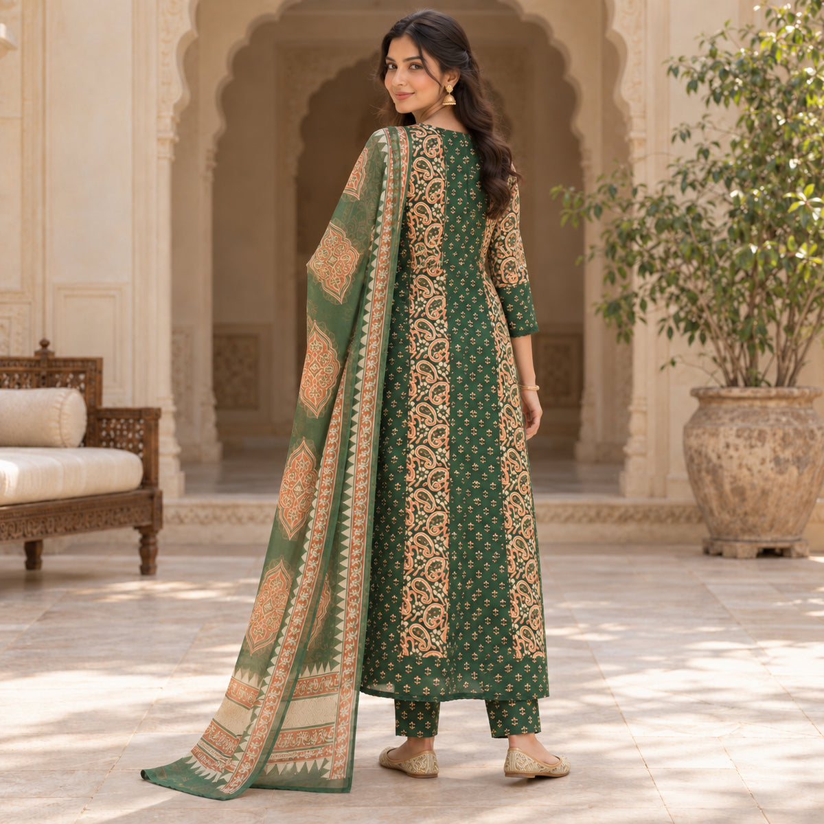 Forest green cotton mirror work dupatta suit for women with paisley and floral printed kurti