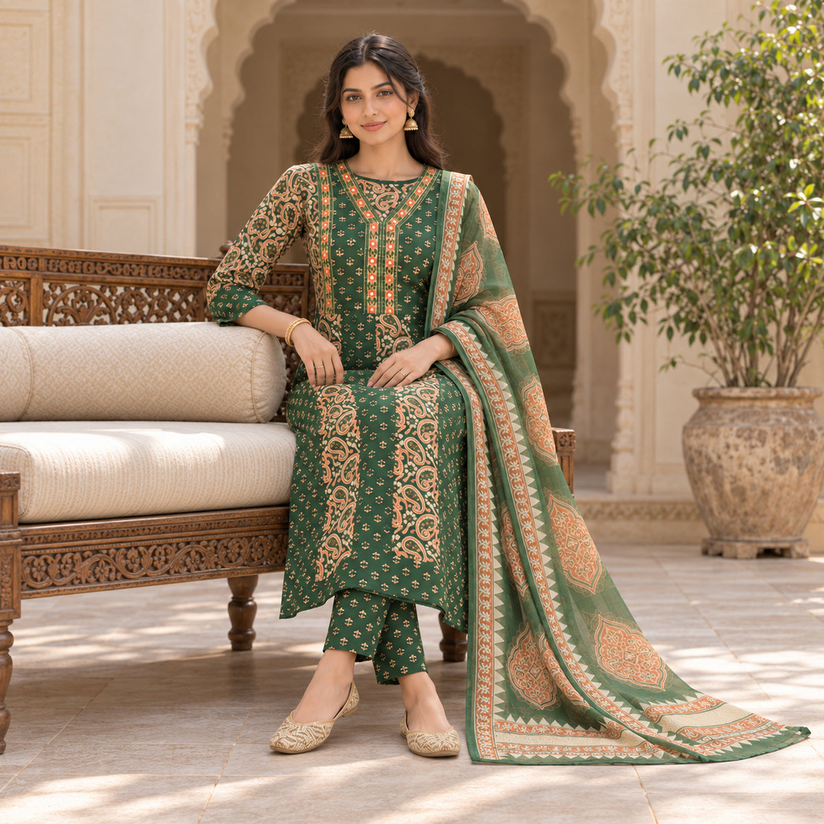 Forest green cotton mirror work dupatta suit for women with paisley and floral printed kurti
