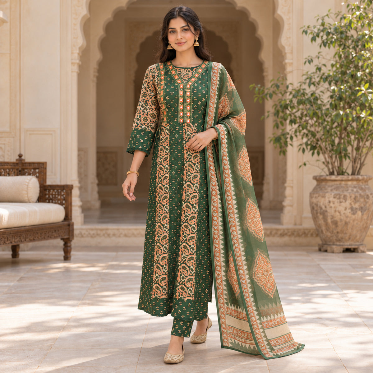 Forest green cotton mirror work dupatta suit for women with paisley and floral printed kurti