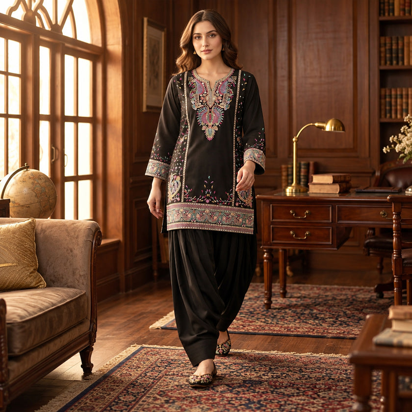 Black Premium Embroidery Farshi Salwar Co-ord Set