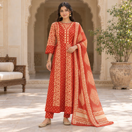 Vermilion red orange cotton mirror work dupatta suit for women with cream paisley prints and coordinated three-piece ethnic styling