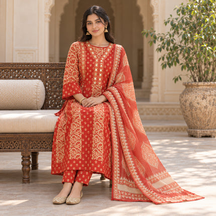 Vermilion red orange cotton mirror work dupatta suit for women with cream paisley prints and coordinated three-piece ethnic styling