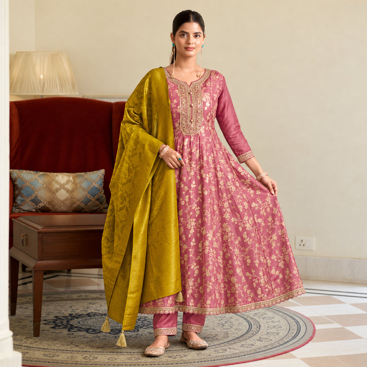 Rose pink floral Anarkali suit for women with flared kurta, matching trousers and contrasting mustard dupatta