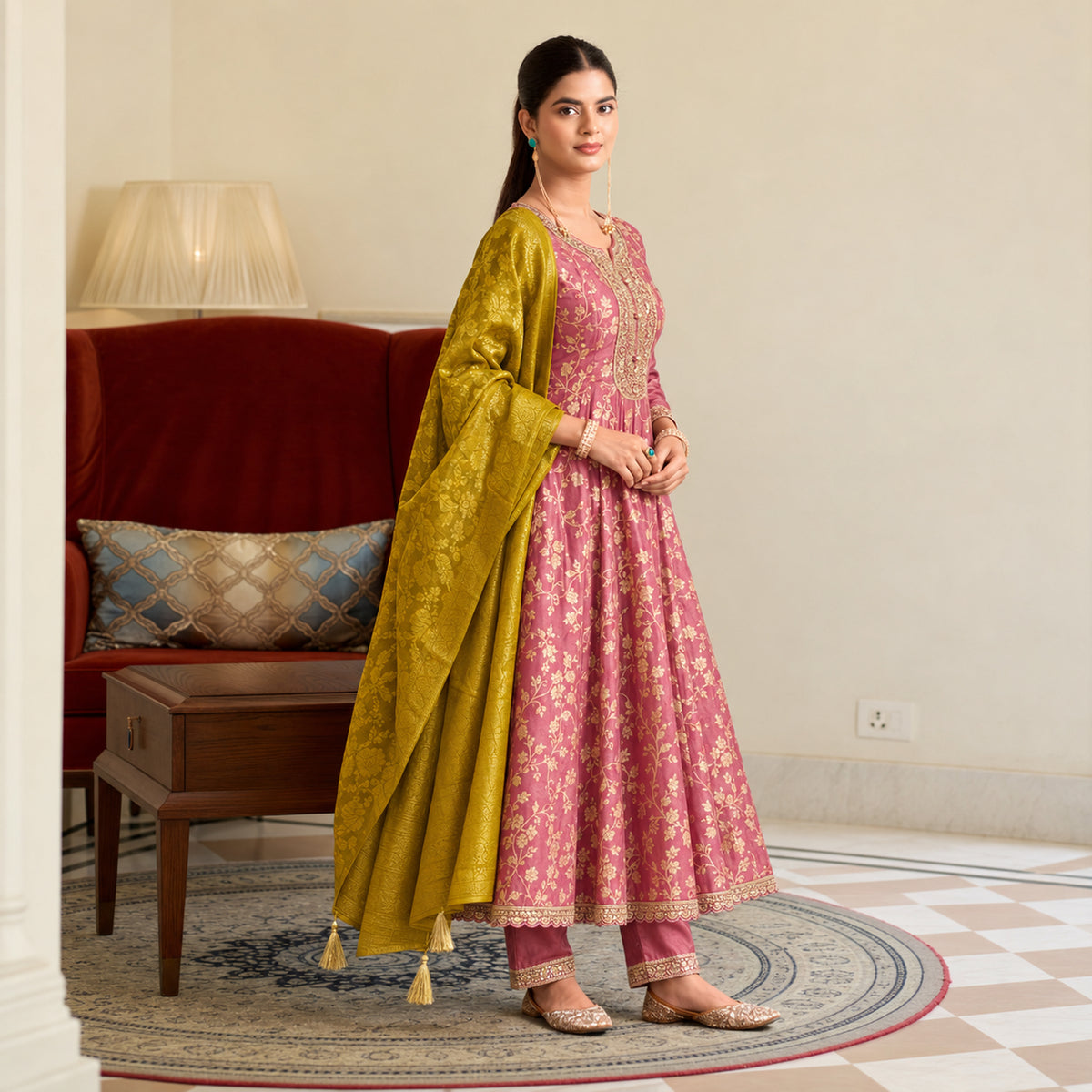 Rose pink floral Anarkali suit for women with flared kurta, matching trousers and contrasting mustard dupatta
