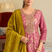 Rose pink floral Anarkali suit for women with flared kurta, matching trousers and contrasting mustard dupatta