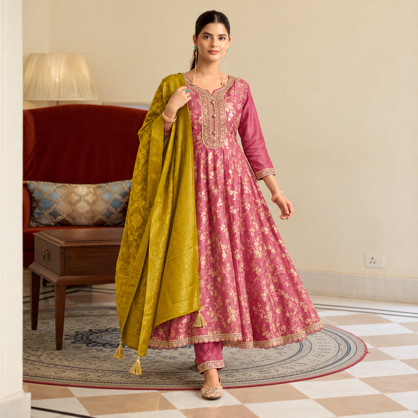 Rose pink floral Anarkali suit for women with flared kurta, matching trousers and contrasting mustard dupatta